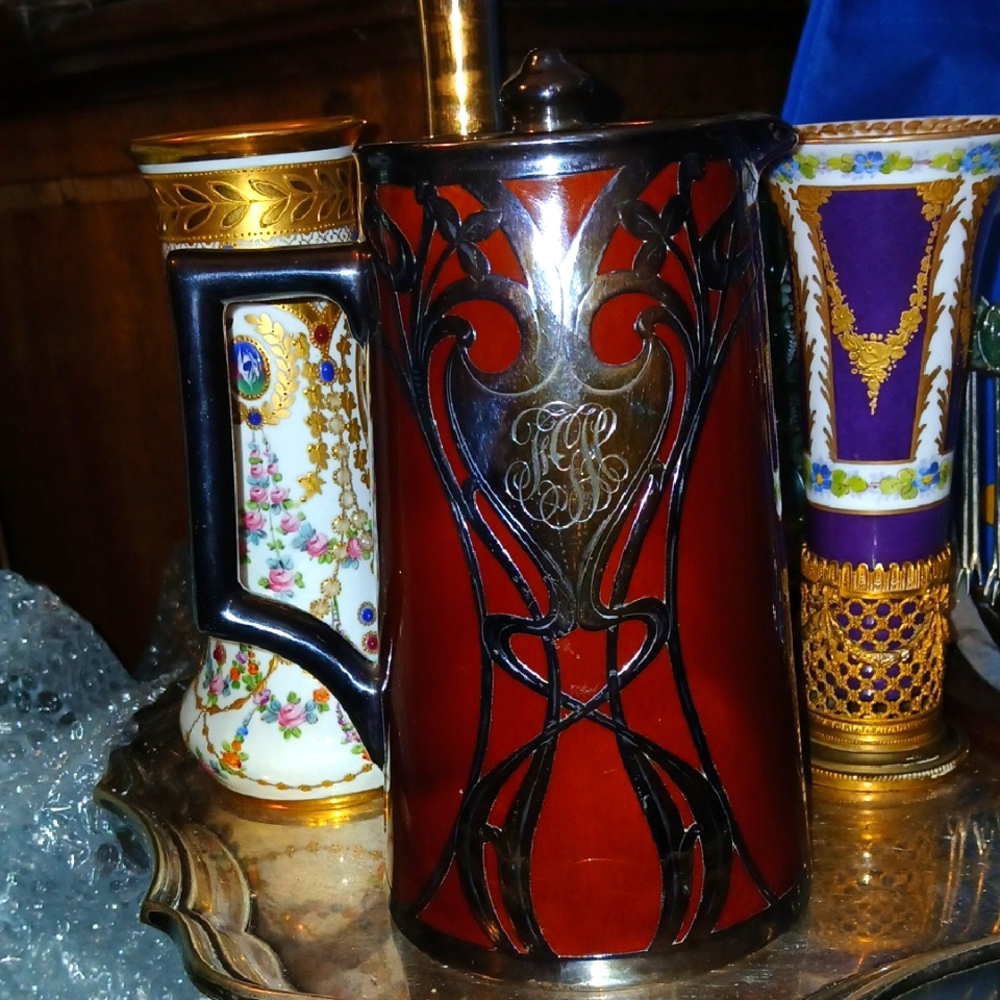 Elegant Lenox Brown With Sterling Silver Overlay Art Nouveau Pitcher.